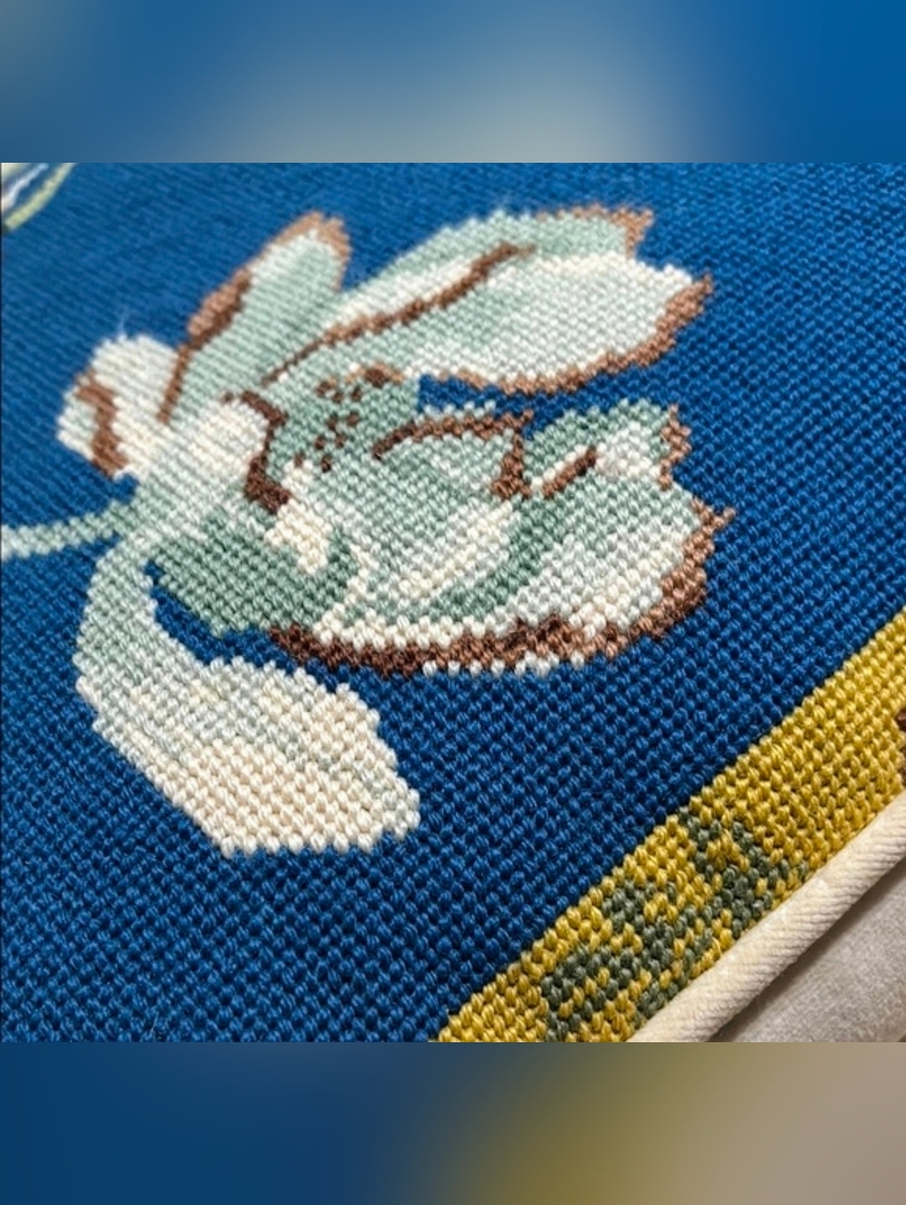 Vintage Floral Blue & White Needlepoint Pillow - Picture 3 of 5